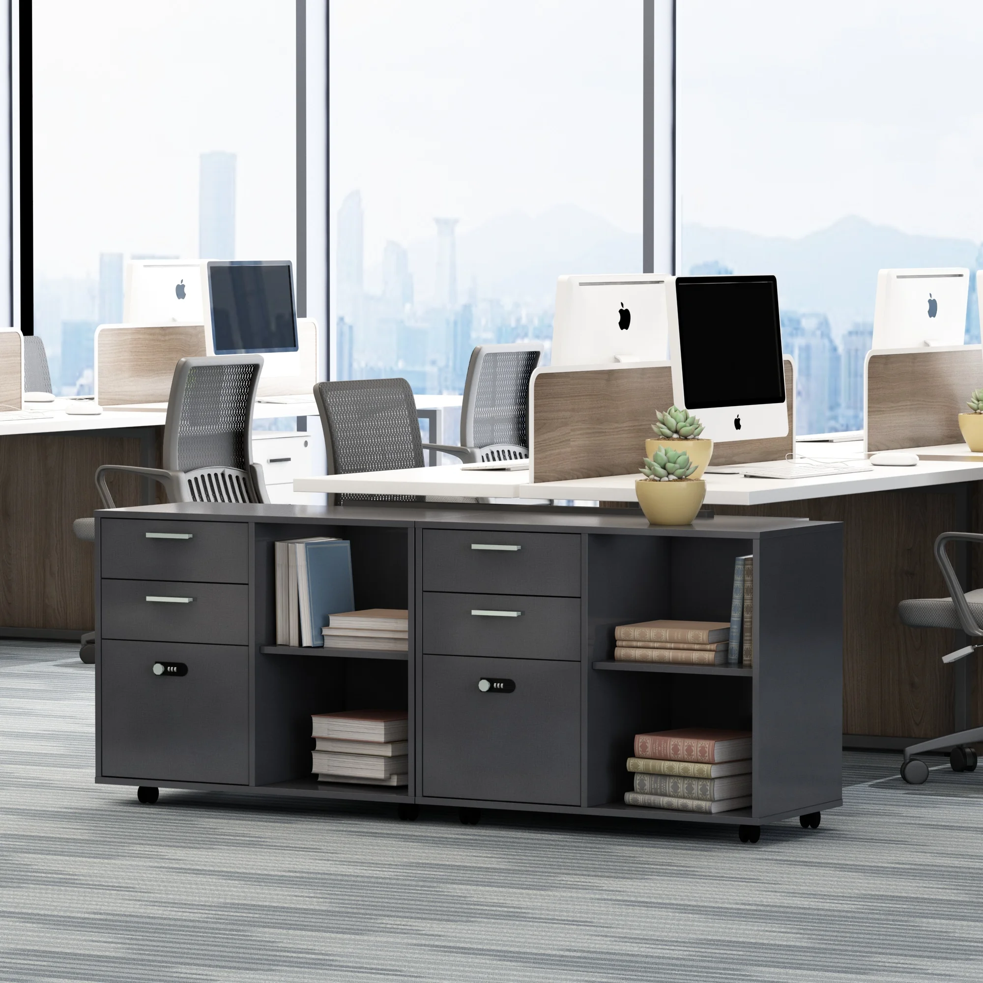 Drawer Wood File Cabinet with coded Lock, Mobile Lateral Filing Cabinet, Printer Stand with Open Storage Shelves for Home Office
