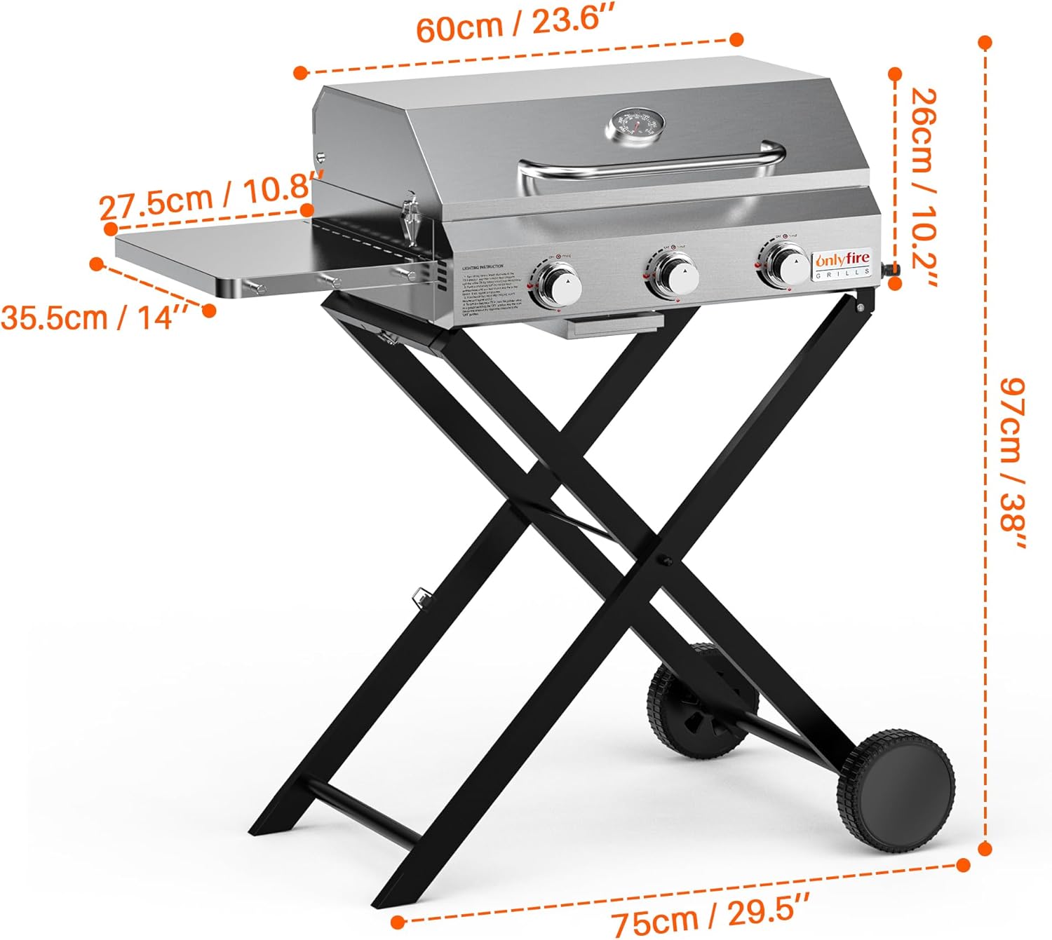 Onlyfire 3 Burner Gas Grill Trolley BBQ Gas Grill with Grill Grate 7 kW Grill Surface 56.5 x 34 cm with Side Tables, Foldable Trolley Wheels