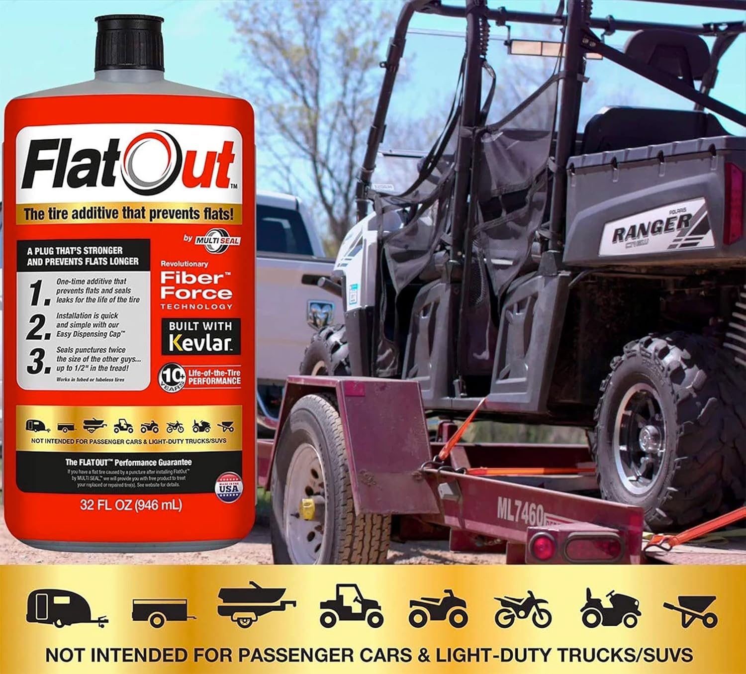 FlatOut Multi-Purpose Tire Sealant - Prevents and Repairs Flat Tires, Seals Leaks, Contains Kevlar, 32-Ounce Bottle, 8-Pack