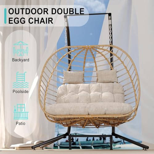 SWITTE Double Egg Swing Chair with Stand, Outdoor Patio 2 Person Hanging Wicker Hammock Chairs with Cushion for Indoor Bedroom, Lawn, Garden-Dark Grey