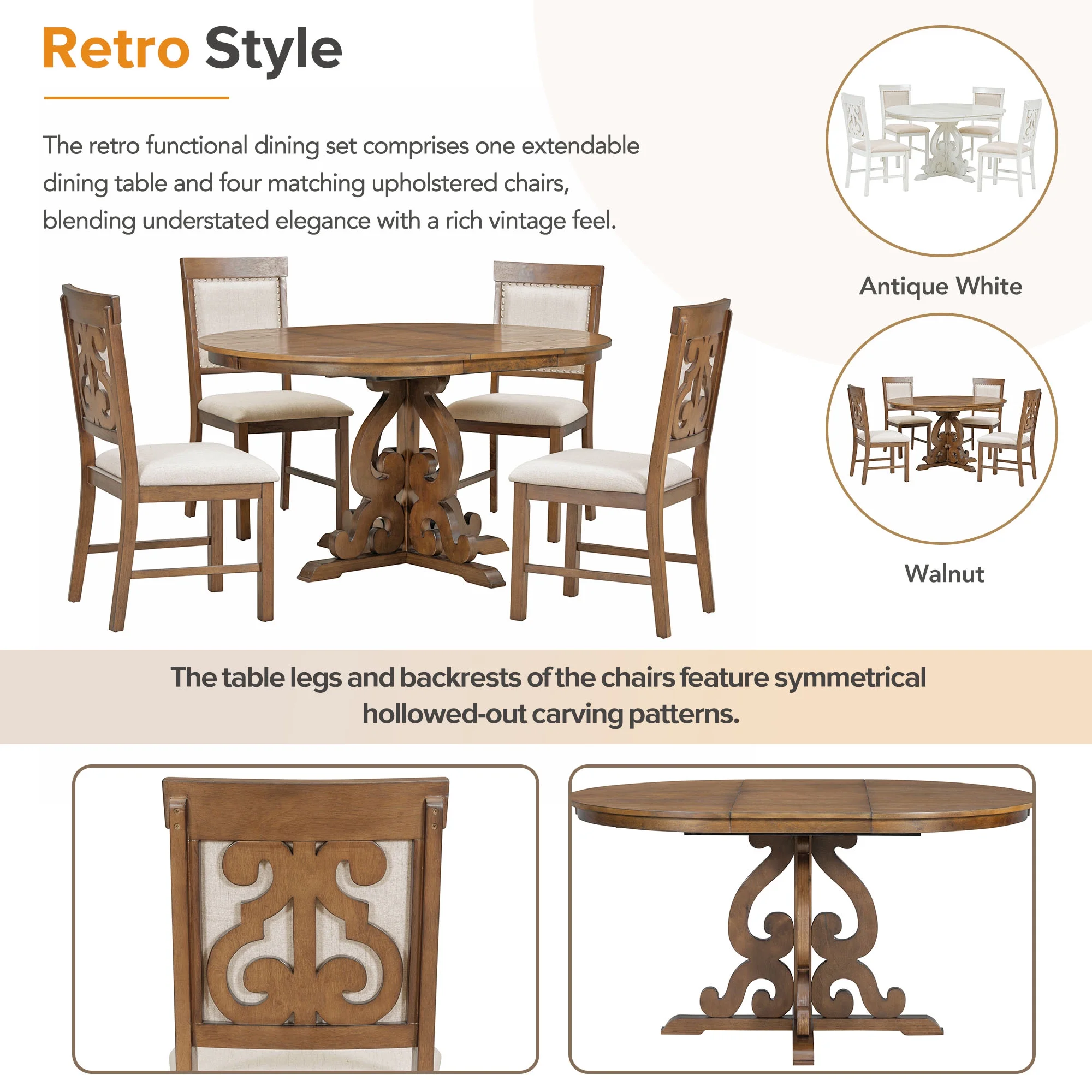 Dining Table Set for 4, Atumon Dining Room Set with Extendable Round Table and 4 Upholstered Dining Chairs