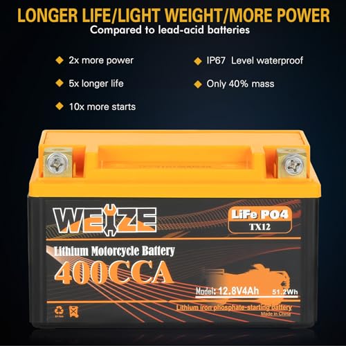 Weize Lithium YTX30L-BS, 700A Lithium LiFePO4 YTX30L Motorcycle Battery, 12V 10AH ATV, UTV, Jet Ski, Scooter, Lawn Mower, Tractor, Generator Battery