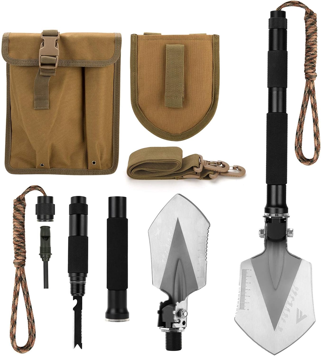 FiveJoy Military Folding Shovel Multitool (C1) - Portable Foldable Survival Tool - Entrenching Backpack Equipment for Hiking Camping Emergency Car