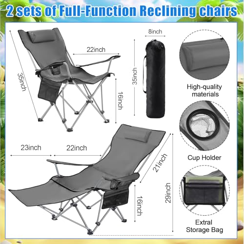 Karenhi 2 Set Beach Camping Chair with Umbrella for Adult Folding Reclining Camping Chair with Foot Rest Adjustable Clamp Canopy Shade for Outdoor