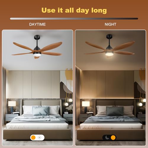 52" Outdoor Wood Ceiling Fan with Lights & Remote Control - Quiet Reversible DC Motor, Dimmable 3 Colors, 6 Speeds