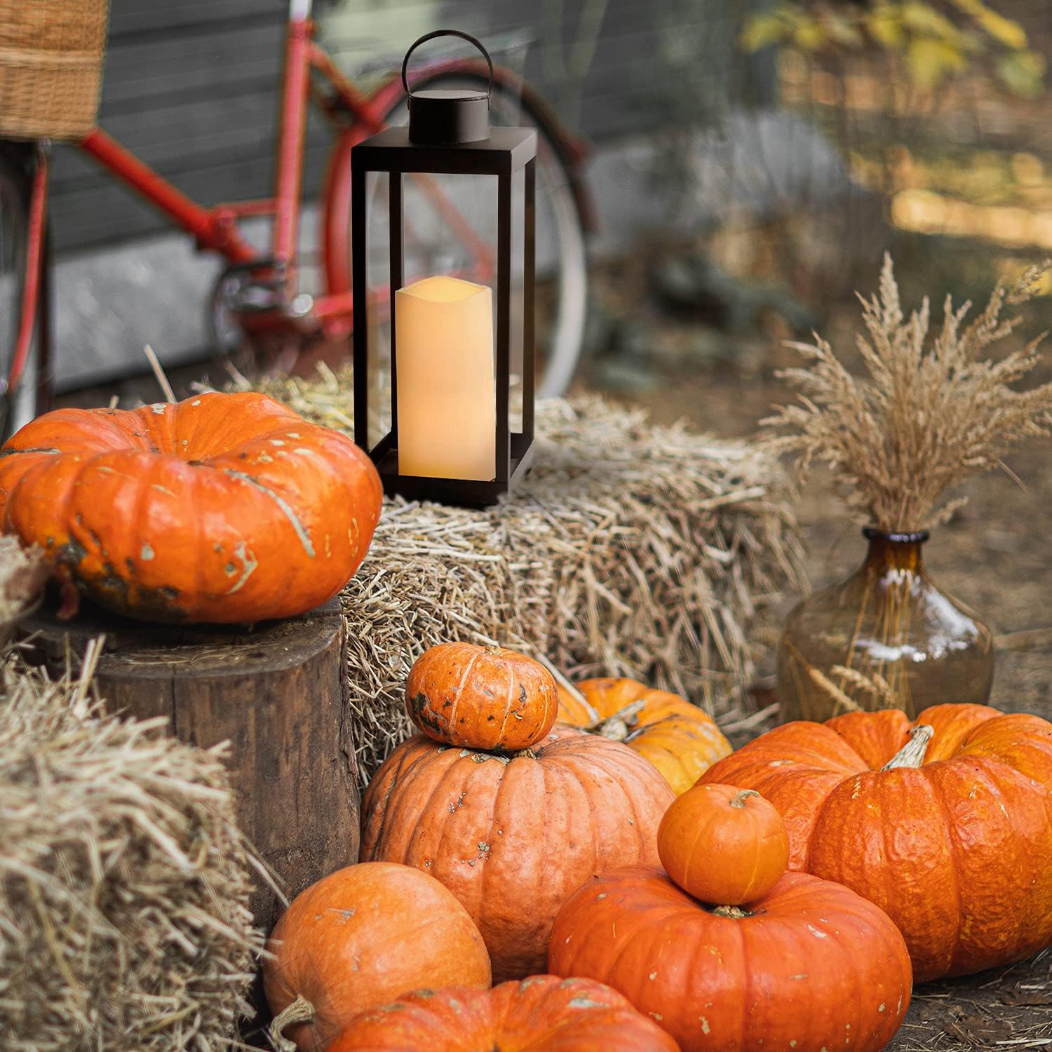 Large Outdoor Lantern with Solar Candle - 18 Inch Tall, Matte Black Metal Frame, Waterproof Flameless Pillar Candle, Dusk to Dawn Timer