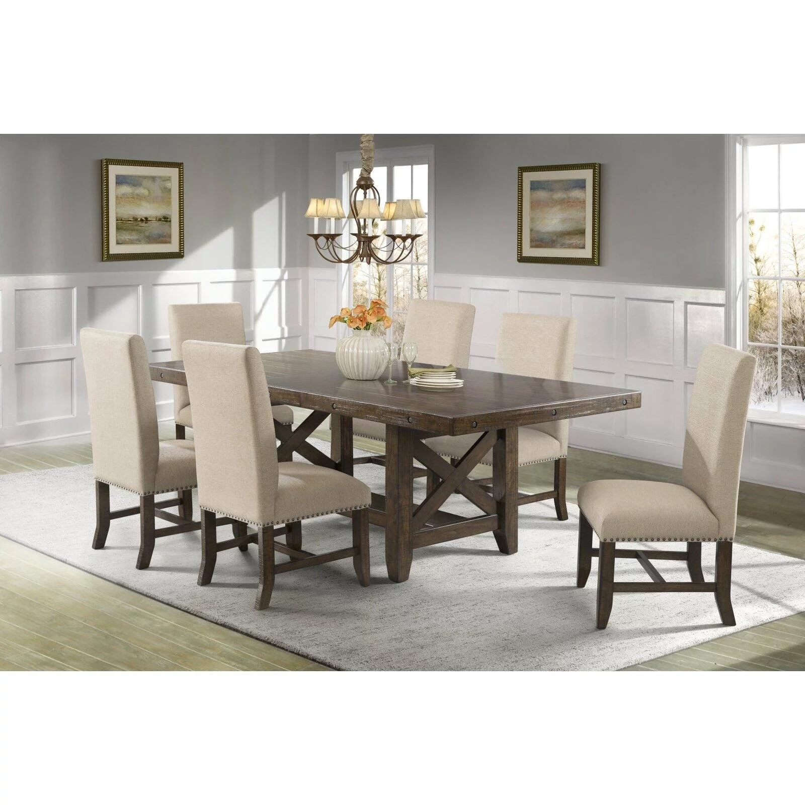 Picket House Furnishings Francis 7PC Dining Set-Table & 6 Fabric Side Chairs