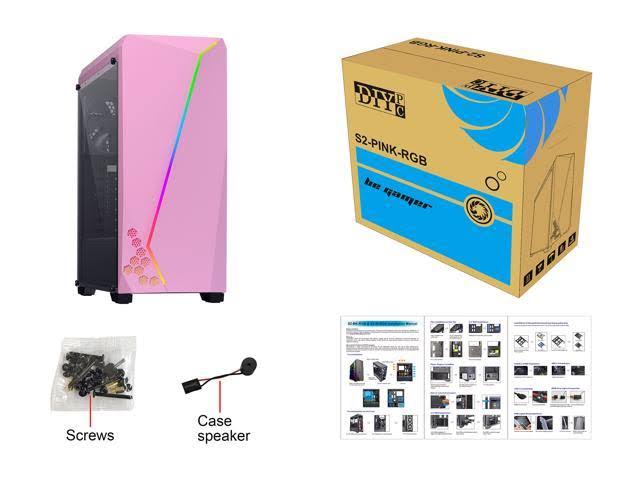 DIYPC S2-PINK-RGB Pink Steel / Tempered Glass ATX Mid Tower Computer Case