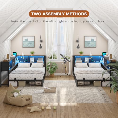 DICTAC Corner Full Bed Frame with Bookcase Storage and Led Lights Full Size Metal Platform Bed Frame with Storage Drawers & Charging Station Full