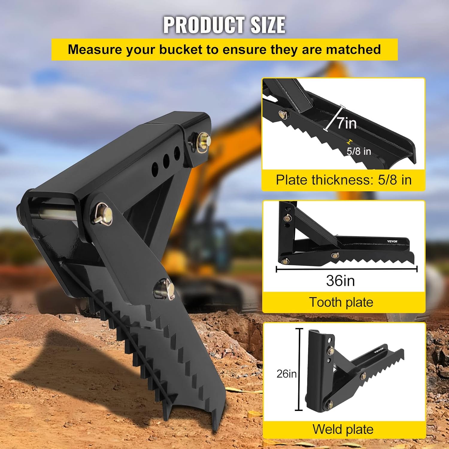 Mophorn 36 inch Backhoe Excavator Thumb Attachments Adjustable Extreme Weld On Backhoe Thumb Hoe Clamp 5/8Inch Teeth Thick Steel Plate 16MM Assembly