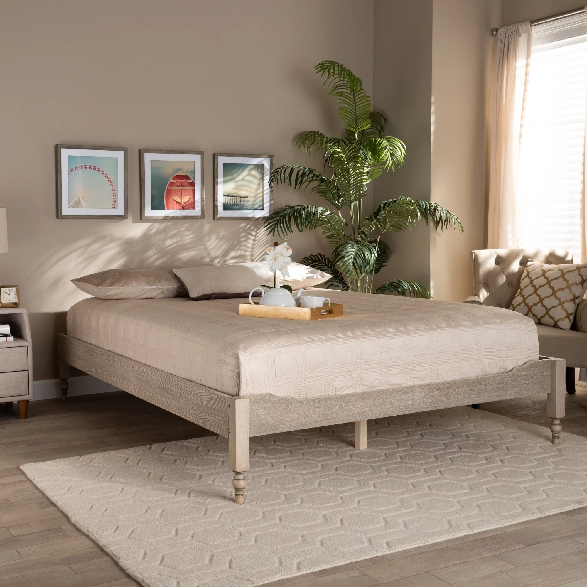 The Gray Barn  Melanie Mount French Bohemian Wood Platform Bed Frame Antique white King