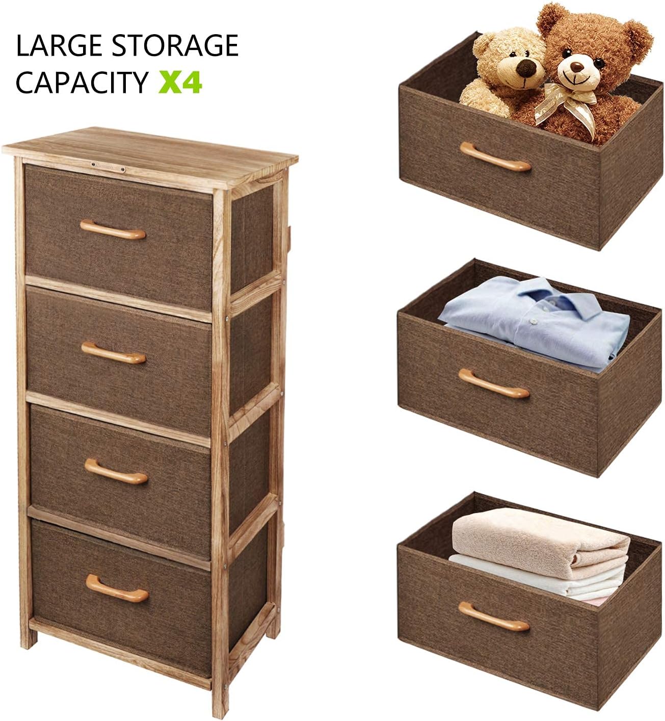 Wooden Dresser Storage Tower,Rustic Retro 4 Drawer Vertical Fabric Storage Unit for Bedroom, Hallway, Entryway, Closet,Nursery Room,Bathroom,Brown