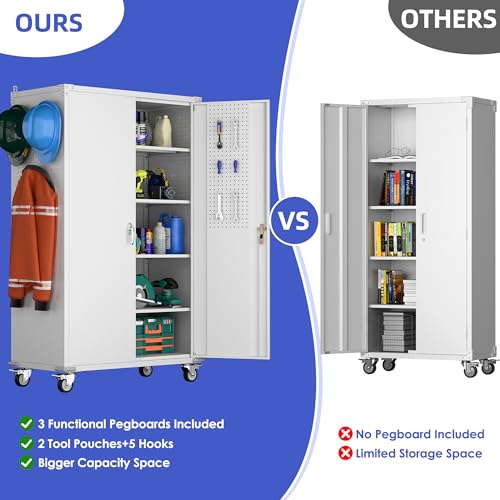 Metal Storage Cabinet with Wheels, 73" H Rolling Garage Cabinets with Locking Doors and Adjustable Shelves for Home Office, Basement, Pantry, Workshop