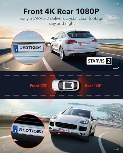 REDTIGER 4K Dash Cam Front and Rear, STARVIS 2 Sensor, Touch Screen 3.18", 128GB Card Included, Voice Control, 5.8GHz WiFi Car Dash Camera, GPS