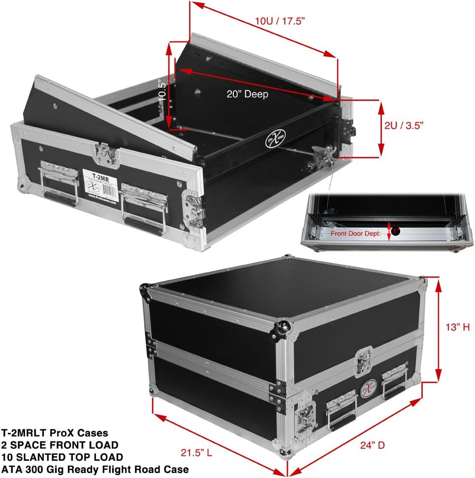 ProX Cases T-2MRLT 2 Space 10U Slant DJ Mixer Combo Rack w/ Sliding Laptop Shelf