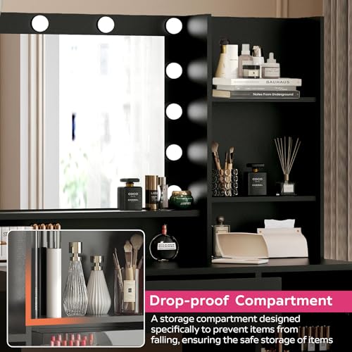 Vanity Desk with Mirror and Light, Large Drawer and Three Level Storage Dresser, 3 Lighting Modes Adjustable Brightness