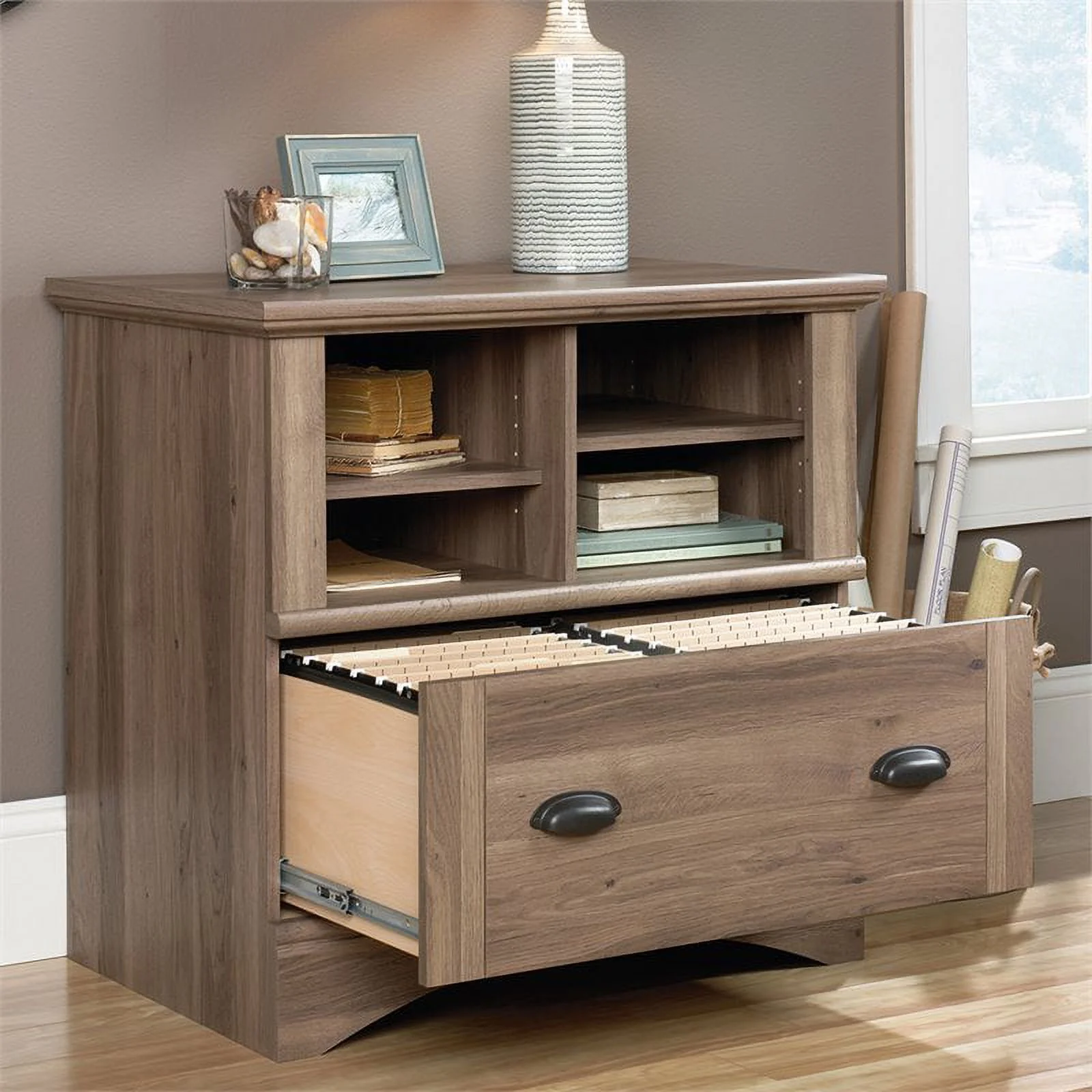Sauder 2PC Office Set with Executive Desk and Lateral File Cabinet in Salt Oak