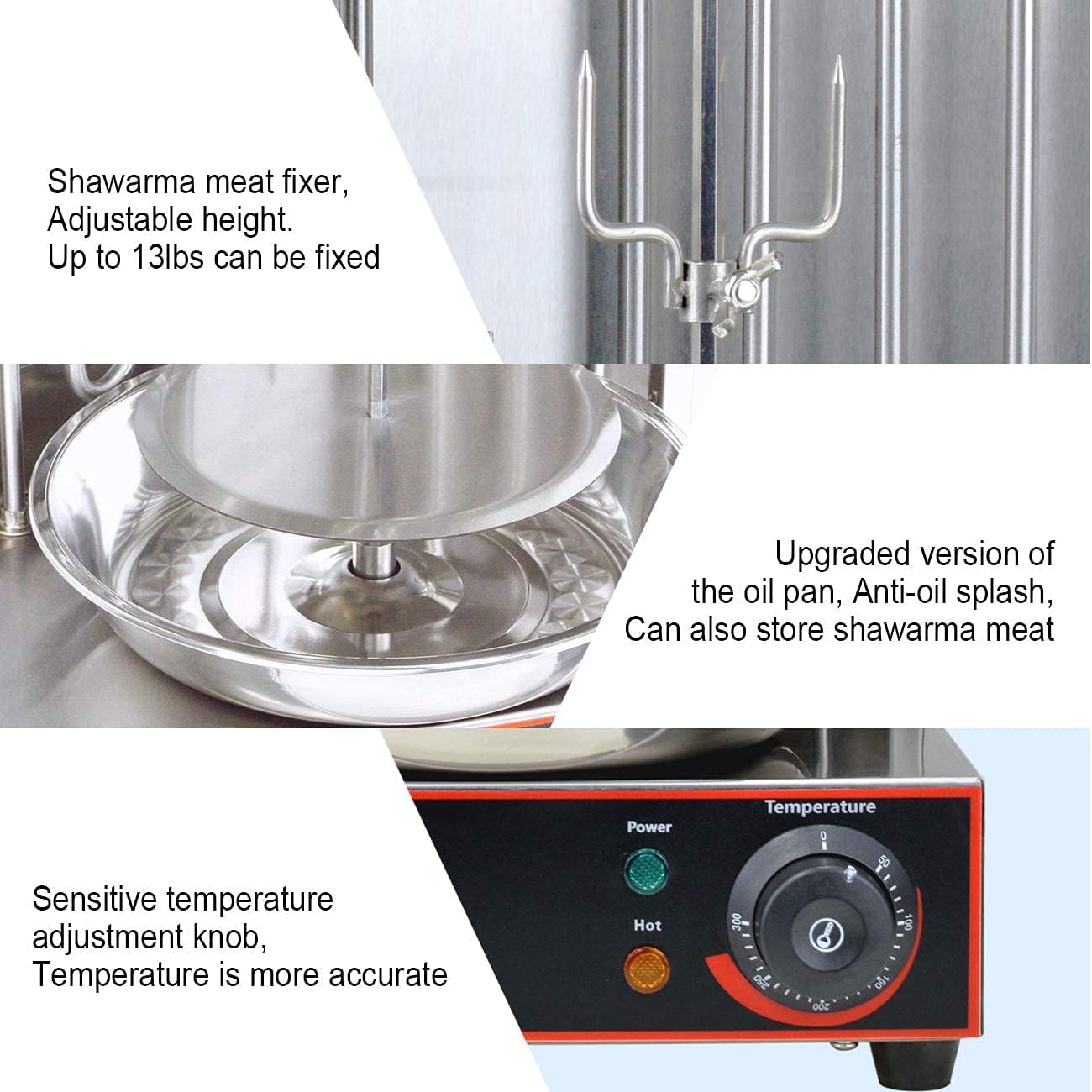 Li Bai Shawarma Machine Electric Vertical Kebab Grill Gyro Rotisserie Oven Meat Broiler with 2 Heating Tubes Stainless Steel Body 110V For Home
