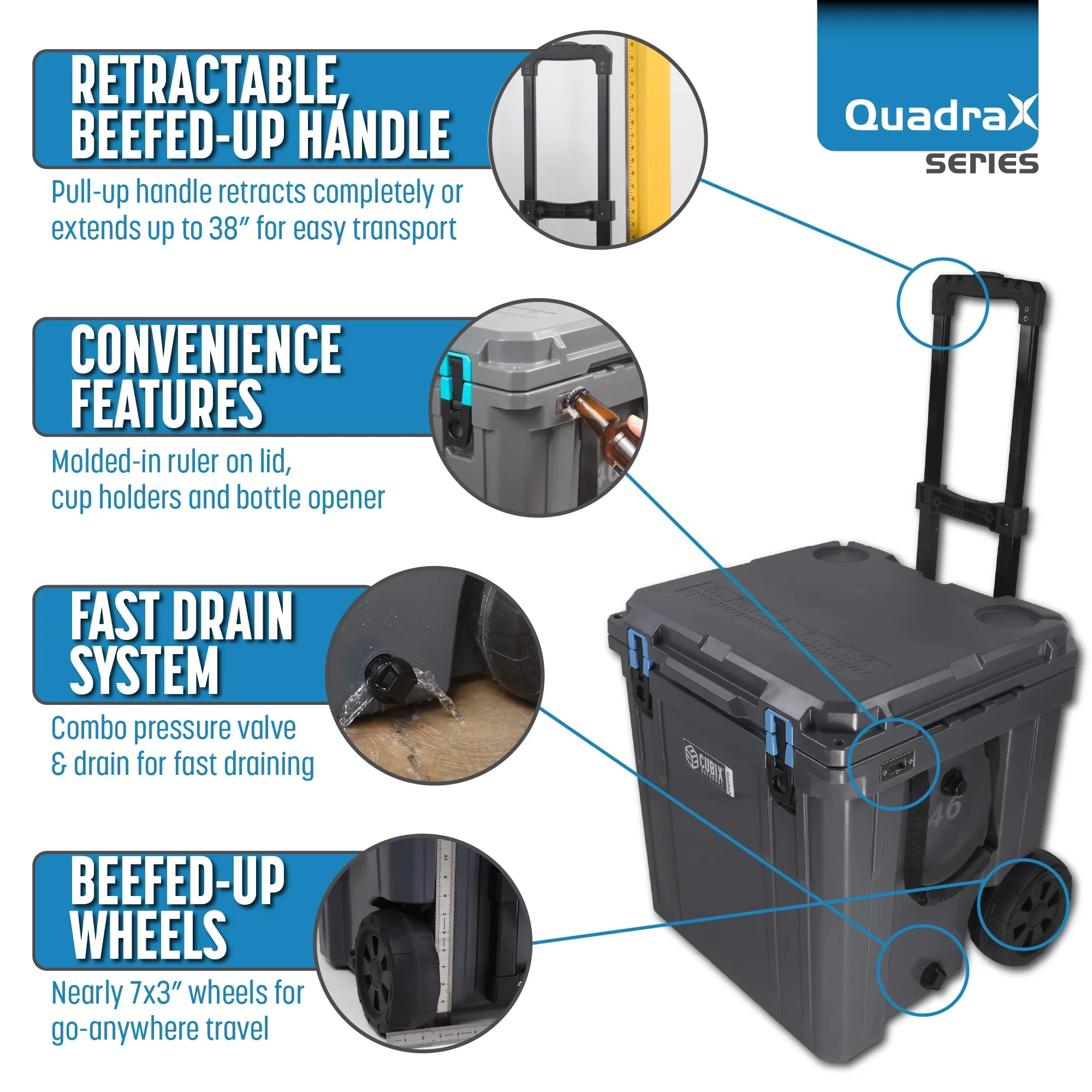 Cubix Outdoors 46QT QuadraX Wheeled Rotomolded Portable Hard Cooler, Fits 26 Cans, Abyss Blue - Radiant Selections
