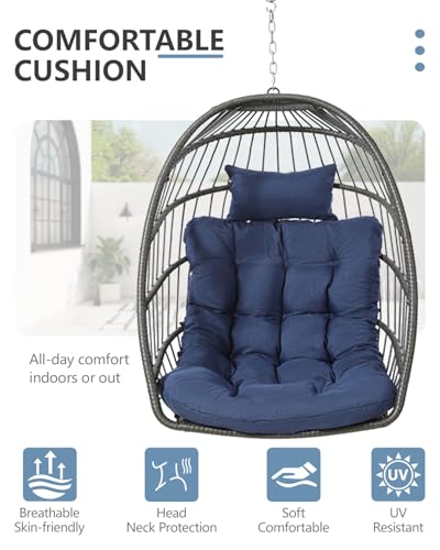 SWITTE Egg Chair Outdoor with Stand, Indoor Wicker Hanging Egg Swing Chair with Cushion, 350lbs Capacity for Patio, Bedroom, Garden - Gray