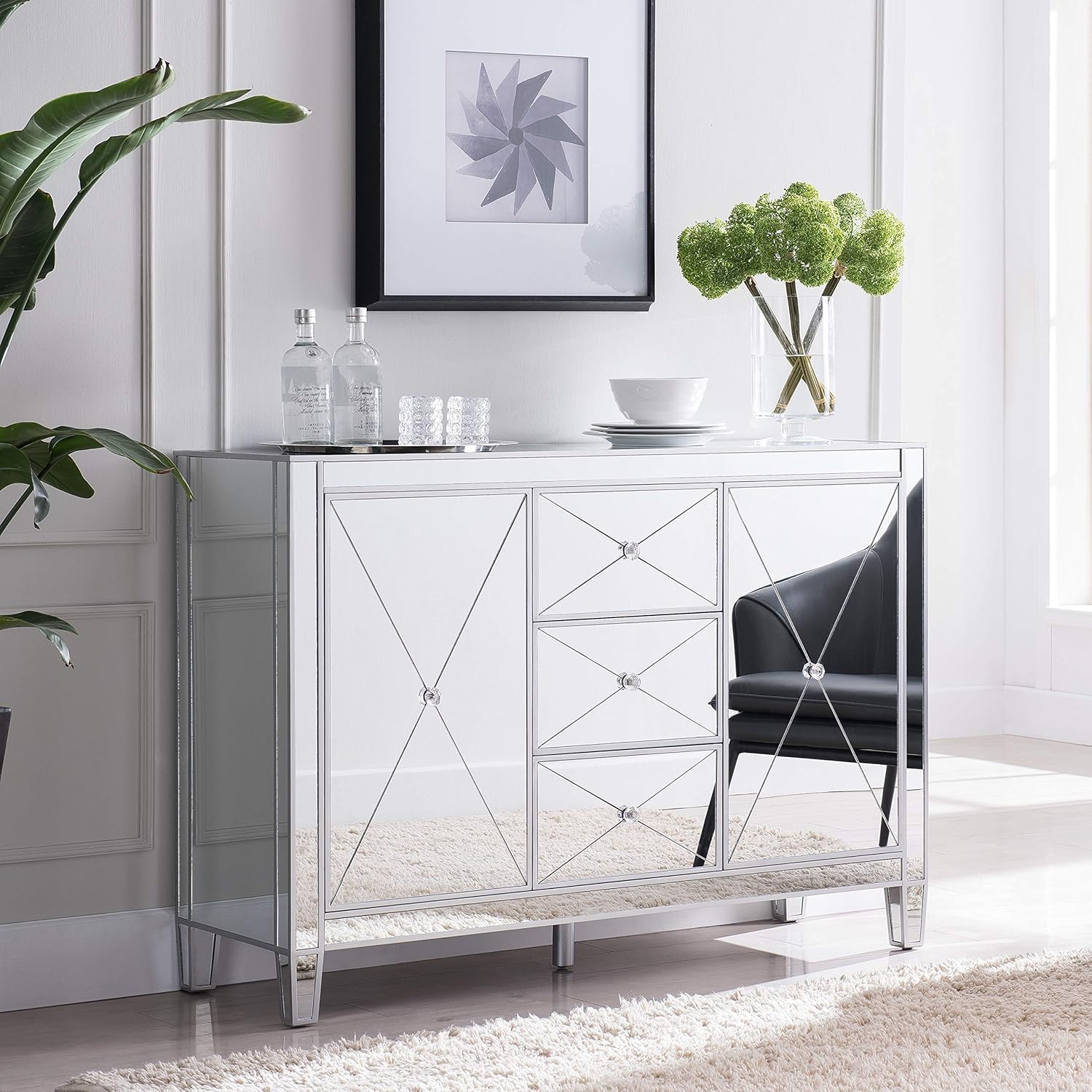 SEI Furniture Mirage Mirrored 3 Drawers, Faux Crystal Knobs, and Matte Silver Trim Cabinet