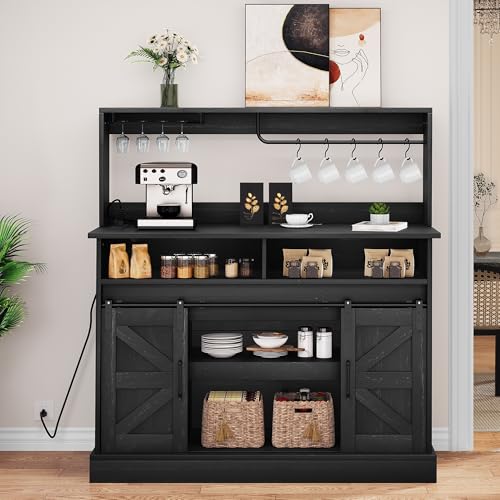 YITAHOME 47" Coffee Bar with Goblet Holder & Power Outlet, Buffet Cabinets with Storage