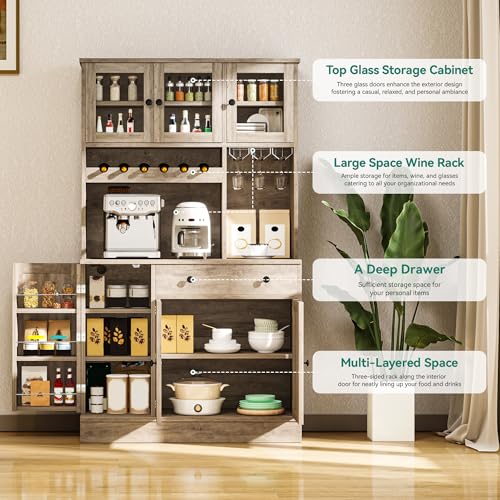YITAHOME Kitchen Pantry Cabinet with Wine Rack & Power Outlet, 71" H Tall Storage Cabinet with Doors, Shelves, Drawer