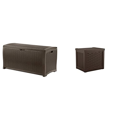 Suncast Outdoor Storage Box - 73 Gallon Mocha Brown Deck Box for Patio, Waterproof Outdoor Storage Bench, Resin Wicker Style, Heavy-Duty