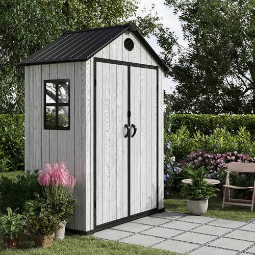 4.4x6 FT Resin Outdoor Storage Shed, 230 Cuft Garden Tool Sheds & Outdoor Storage Plastic Shed with Floor