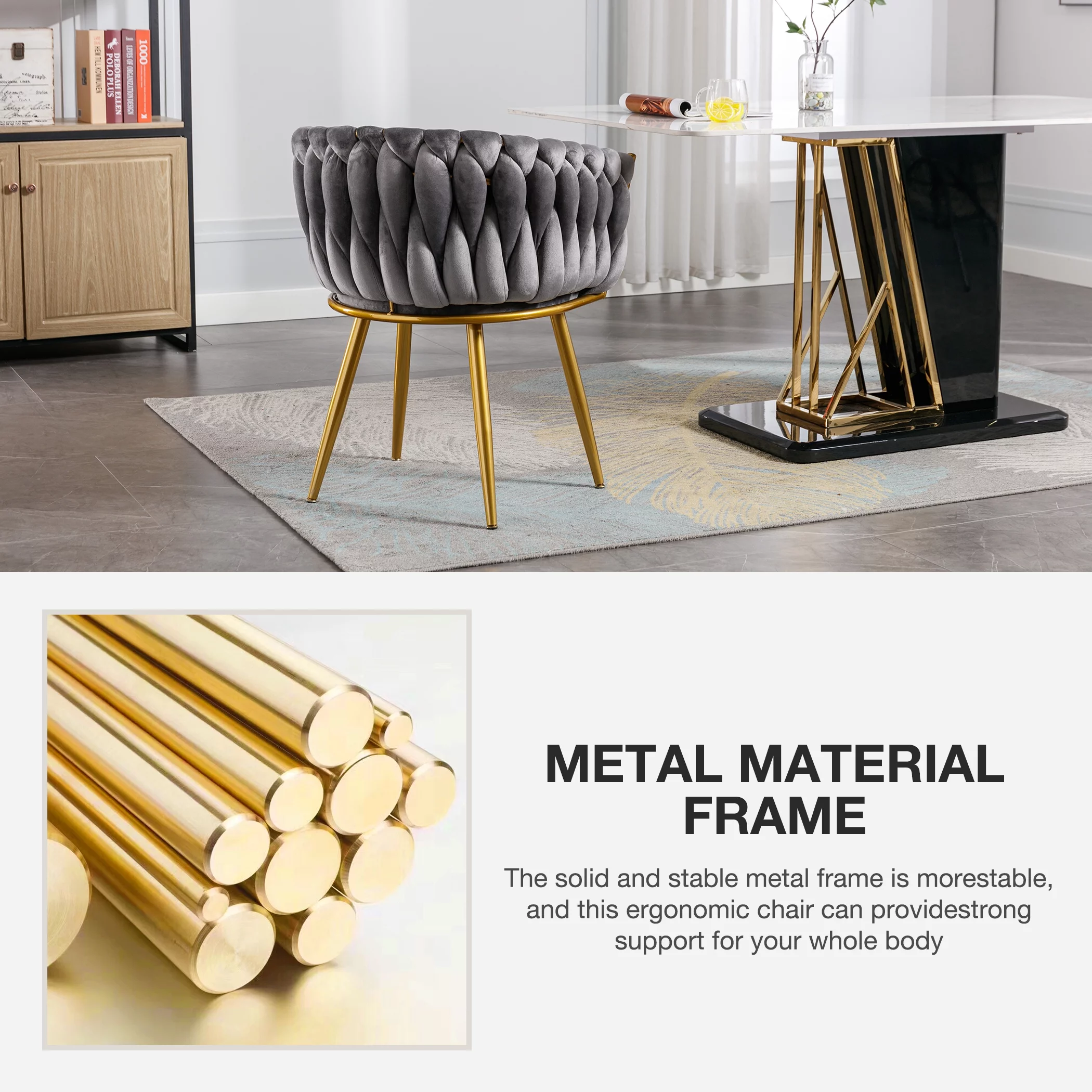 JONPONY Velvet Dining Chairs Set of 2, Modern Woven Upholstered Dining Chairs with Gold Metal Legs,Luxury Tufted Dining Chairs for Living Room