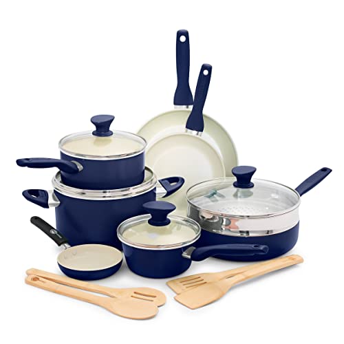 GreenPan Rio 16 Piece Cookware Pots and Pans Set, Hard Anodized Healthy Ceramic Nonstick PFAS-Free, Bakelite Handles, Frypans, Saucepan, Saute Pan