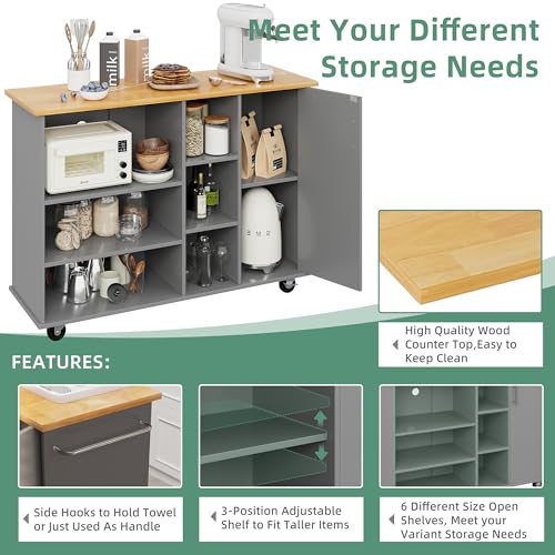 Shintenchi Rolling Kitchen Island Cart with Folding Drop Leaf Breakfast Bar, Portable Trolley Island with Large Storage Cabinet, Shelf and Drawer
