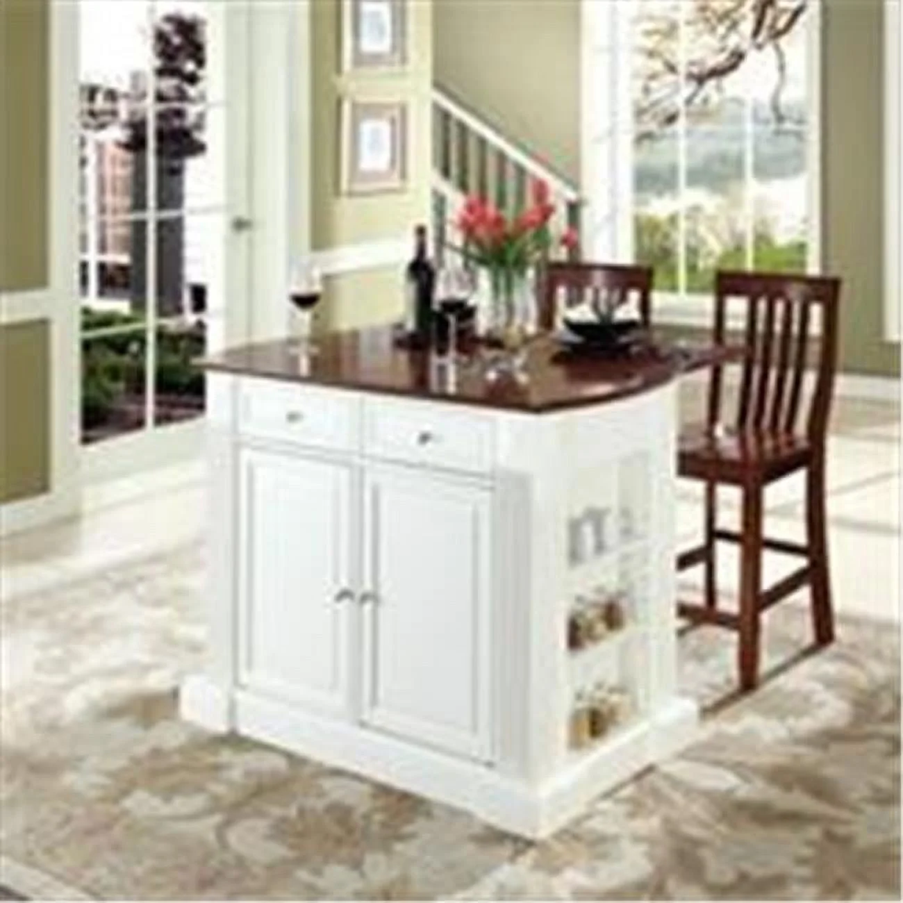 Crosley Furniture  Drop Leaf Breakfast Bar Top Kitchen Island in White Finish with 24 in. Cherry School House Stools - White - 24 in.