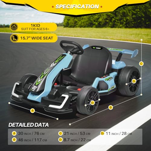 Blitzshark 24V Kids Go Kart 300W Powerful Drift Kart Electric Pedal Kart Outdoor Race Toy, with 2X150W Strong Motor, 7AH Big Battery