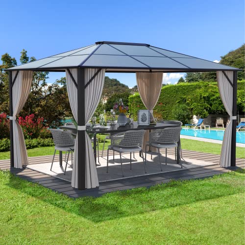 MELLCOM 10'x13' Hardtop Gazebo with Polycarbonate Double Roof, Aluminum Frame Outdoor Gazebo Permanent Pavilion with Curtains and Netting for Patio