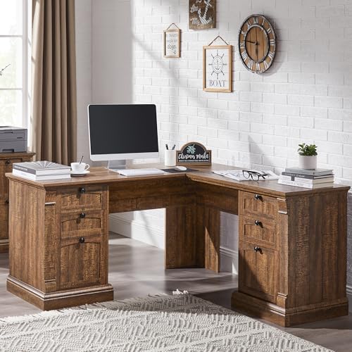 OKD 60" Executive Desk with Drawers, Farmhouse Home Office Desk with Charging Station, Keyboard Tray, File Cabinet Storage