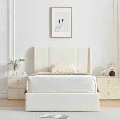 VELOCAVA Queen Size Lift Up Storage Bed with Modern Wingback Headboard, Upholstered Platform Bed with Fabric with Hydraulic Support Bars