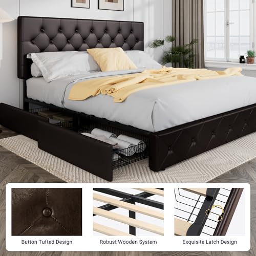 Allewie Upholstered Queen Size Platform Bed Frame with 4 Storage Drawers and Headboard, Square Stitched Button Tufted