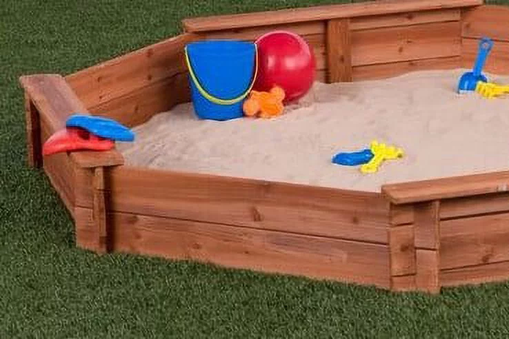 Octagon Wooden Cedar Sand Box W Seat Boards | Eco-Friendly Cover & Ground Liner | 84" X 78" x 9" | Easy DIY Assembly | Holds 800+ lbs of Sand |