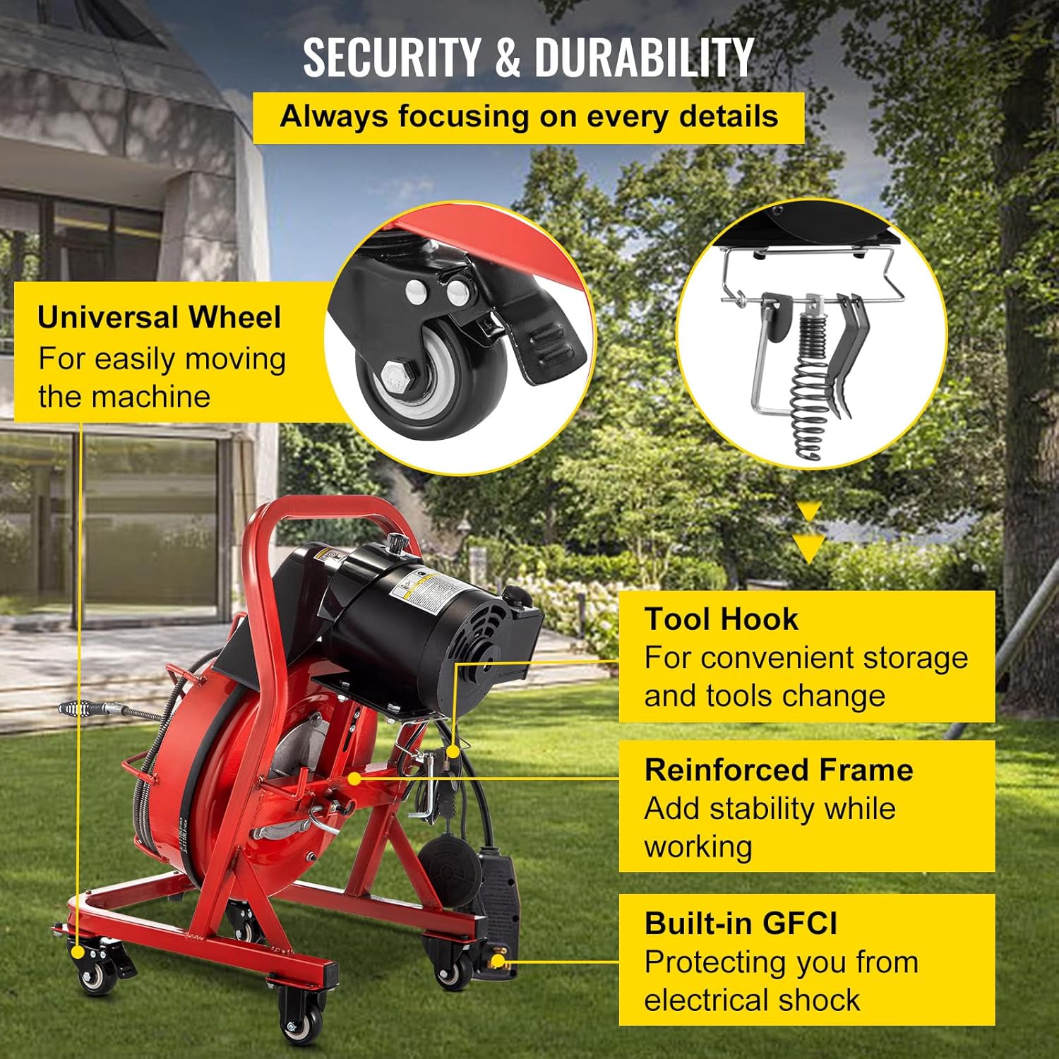 VEVOR 75FT x 3/8 Inch Drain Cleaning Machine, 250W Electric Drain Auger on Wheels