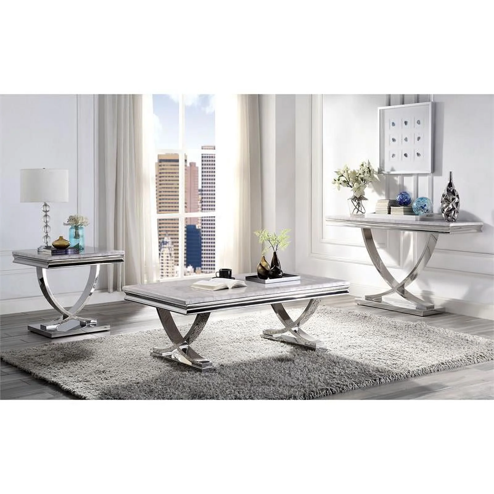 Furniture of America Linke Glam Metal 3-Piece Coffee Table Set in Chrome