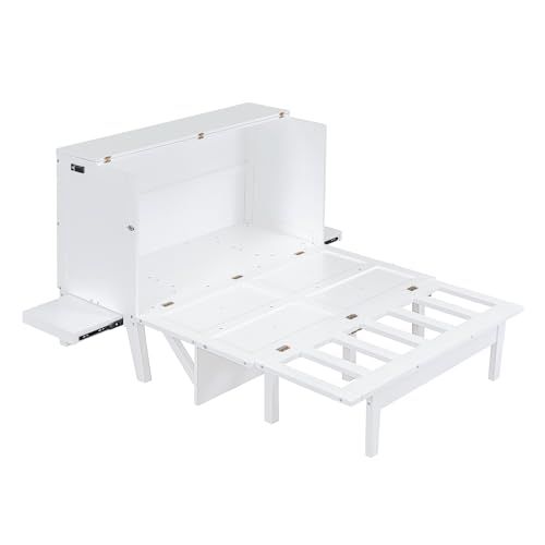 Full Size Murphy Bed with Drawers, Cabinets and USB Ports,Wood Murphy Bed Cabinet Bed Removable Shelves