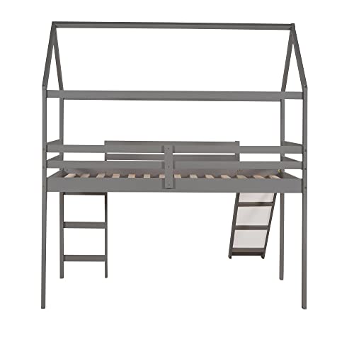Merax Twin Over Twin House Bunk Bed Frames with Slide and Storage Staircase, No Box Spring Needed, White