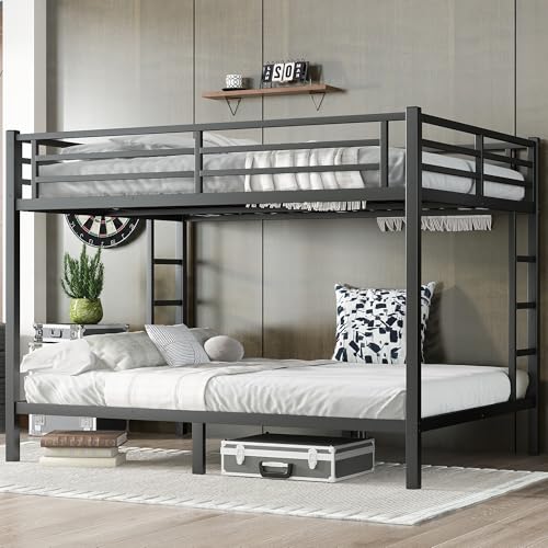 Heavy Duty Bunk Bed Frame with Ladder, Twin XL Over Twin XL Bunk Beds with Safety Guardrails, Adults Bunk Beds with Noise-Reducing Rubber Stoppers