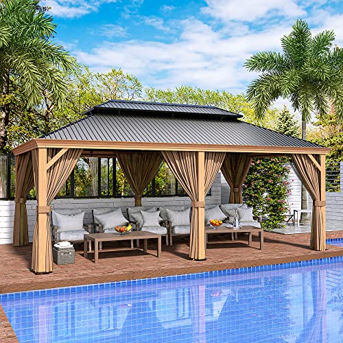 HAPPATIO 10' x 12' Hardtop Gazebo with Netting and Curtains, Double Roof Permanent Patio Metal Gazebo Canopy for Patio, Deck, Backyard （Gray）
