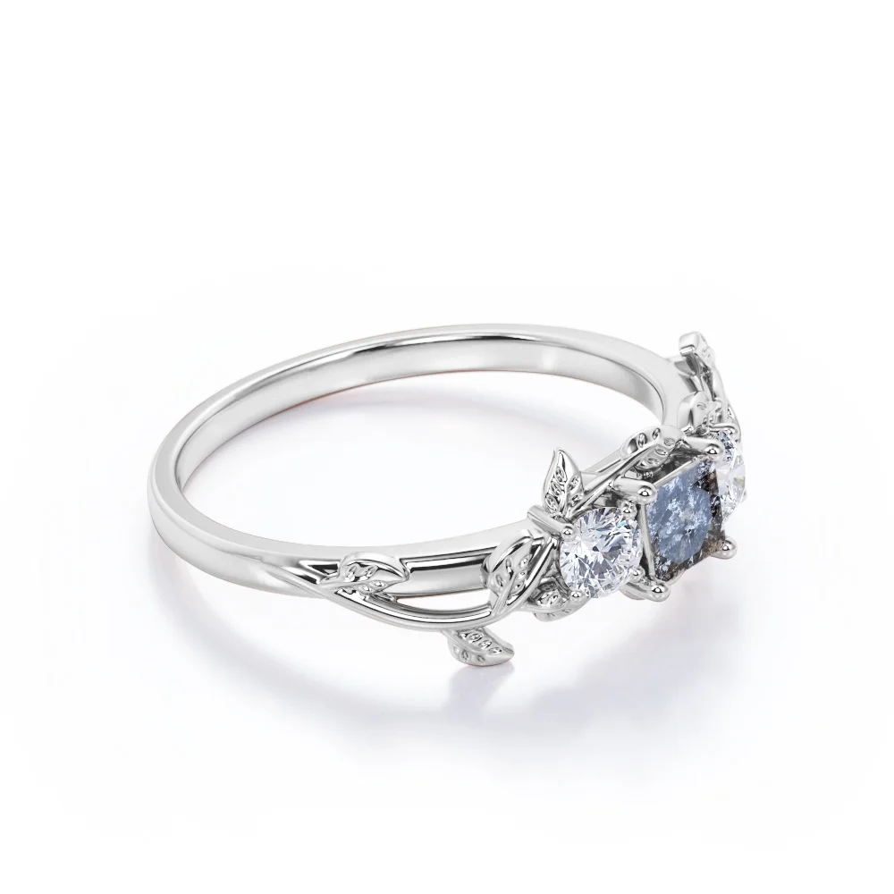 JeenMata Branch Leaf Design - 1 Carat Princess Cut Galaxy Gray Salt and Pepper Diamond with Moissanite - Three Stone Engagement Ring