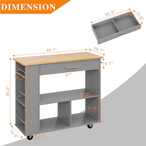 Shintenchi Rolling Kitchen Island Cart with Folding Drop Leaf Breakfast Bar, Portable Trolley Island with Large Storage Cabinet, Shelf and Drawer