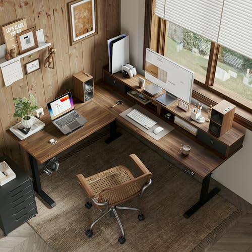 Agilestic L Shaped Electric Standing Desk with 2 Drawers, 63 Inch Ergonomic Adjustable Height Desk with Storage