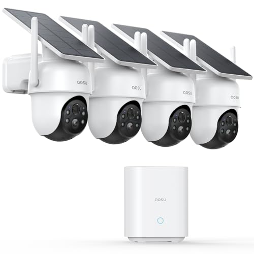 AOSU Security Cameras Outdoor Wireless, 4 Cam-Kit, No Subscription, Solar-Powered, Home Security Cameras System with 360° Pan & Tilt, Auto Tracking