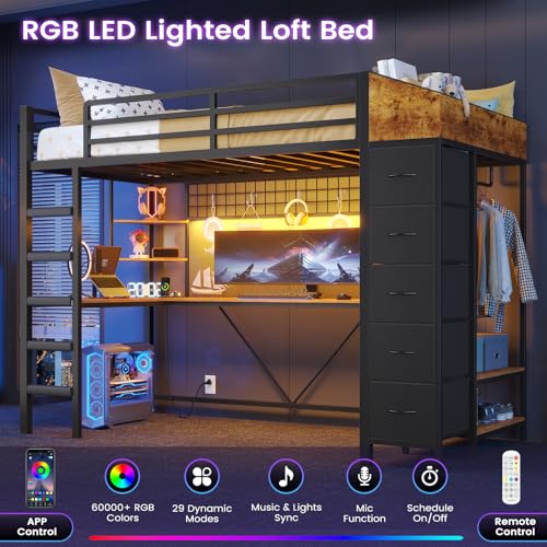 VIAGDO Loft Bed Twin Size with Hall Tree, Charging Station and LED Lights, Metal Loft Bed with L-Shaped Desk, 5 Storage Drawers